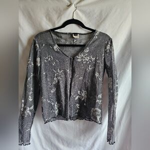 Elegant Gray Floral Women's Top Sheer 90s